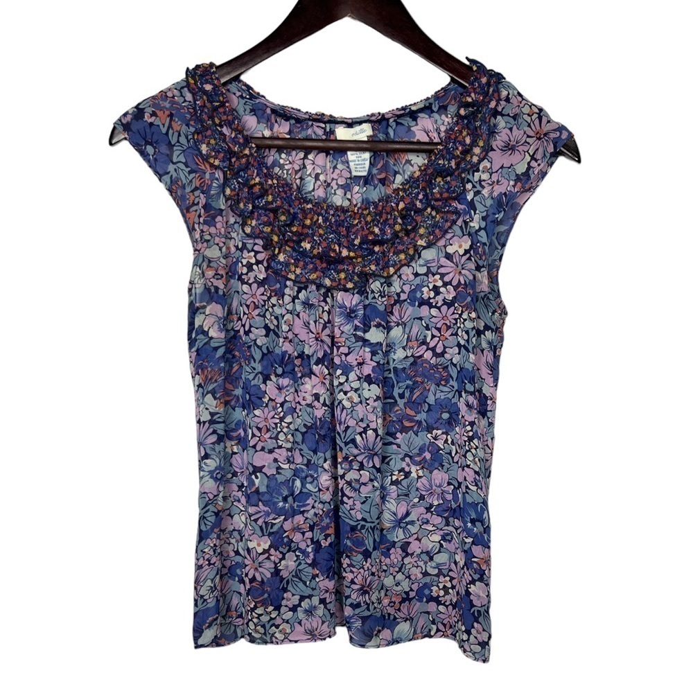 Anthropologie Odille Floral Cap Sleeve Scoop Neck Silk Blouse